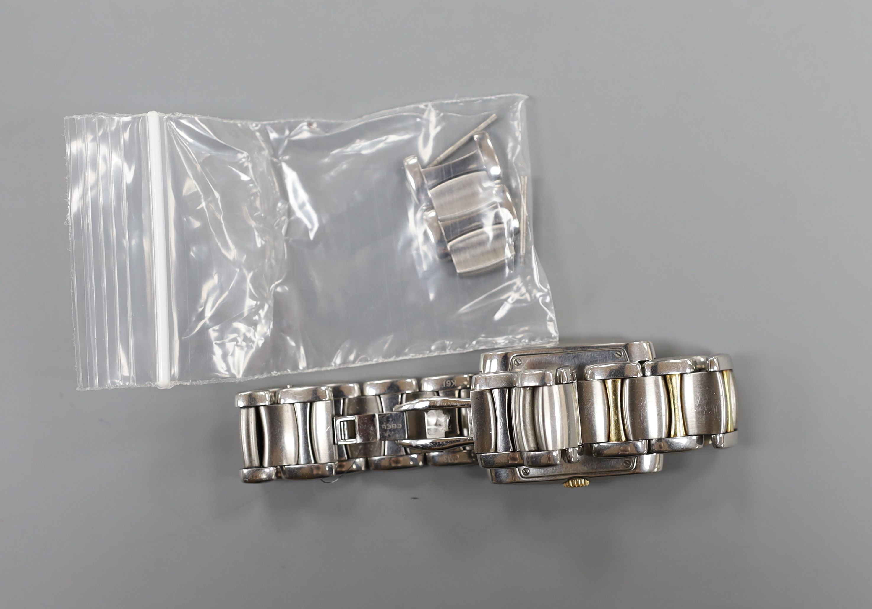 Two modern steel Ebel quartz wrist watches, Tarawa with leather strap and Brasilia with two tone bracelet, both with boxes.